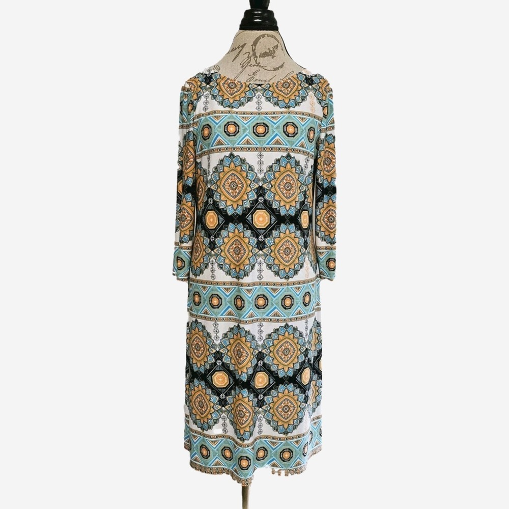 London Times Blue‎ & Orange Floral Medallion Shift Dress Size 12 Artsy Eclectic